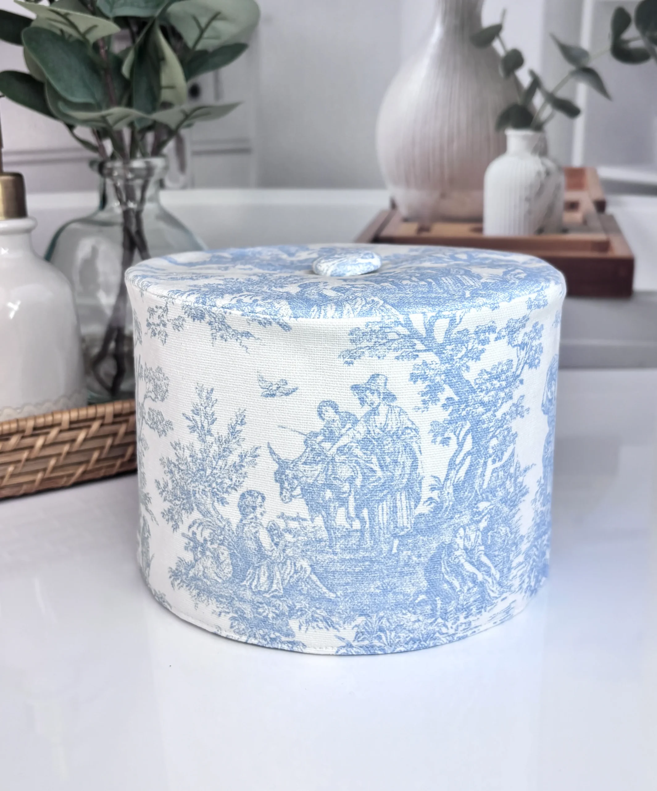 Sage green toile toilet paper cover handmade French country bathroom decor by Christy Crafted Covers