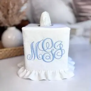 Monogram Tissue Box Cover with Blue Script Embroidery - Personalized Handmade Square Tissue Holder by Christy Crafted Covers