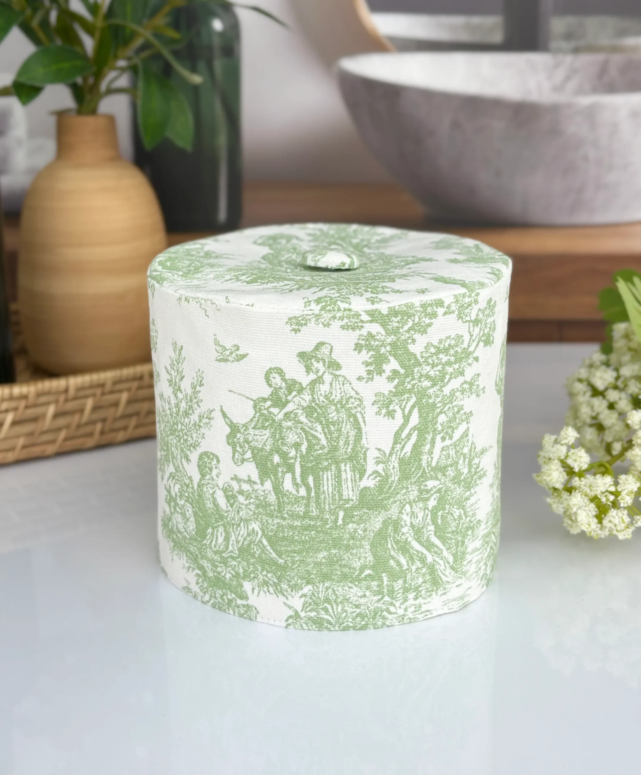 Navy toile toilet paper cover handmade French country bathroom decor by Christy Crafted Covers