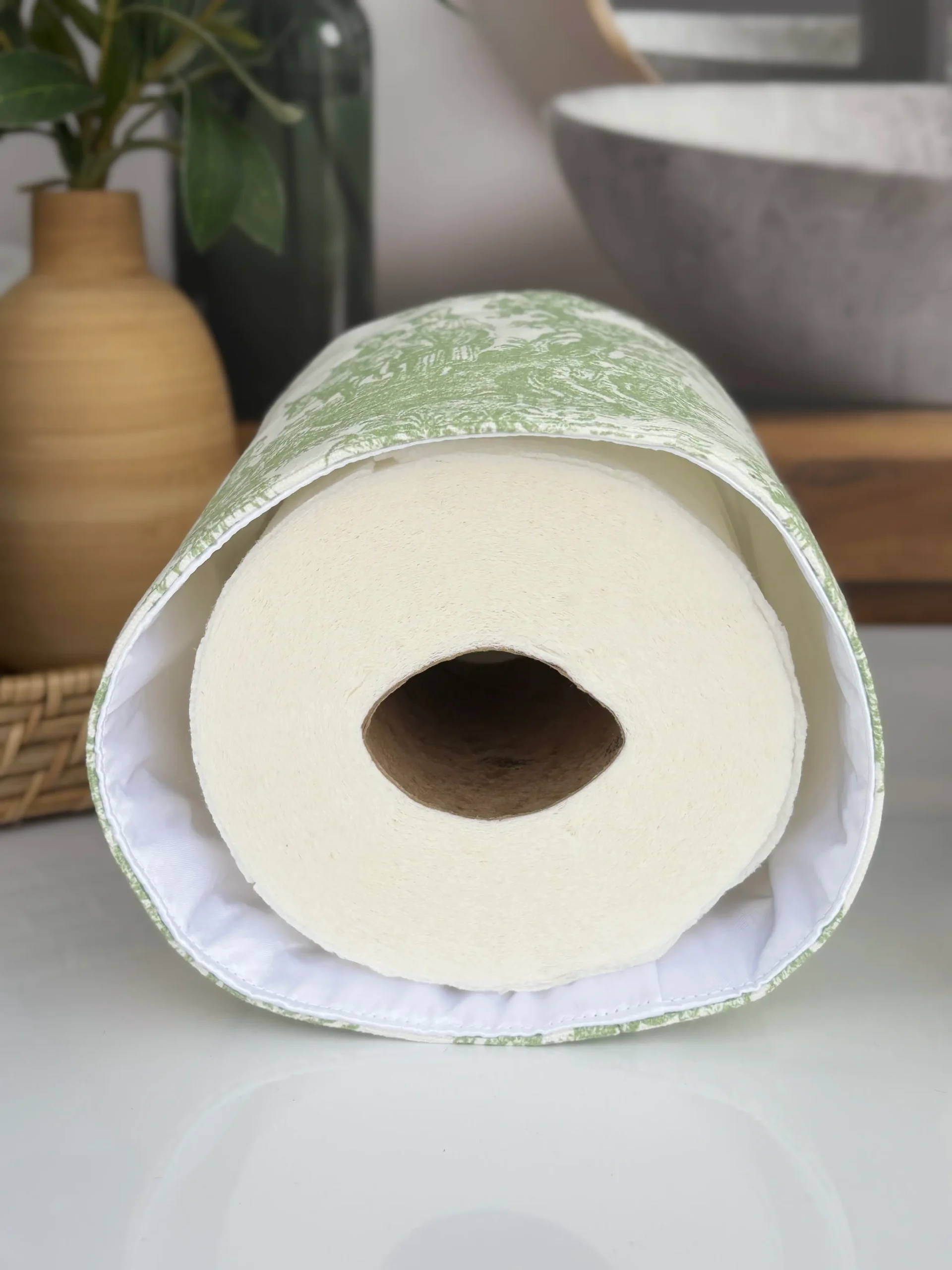 Sage green toile toilet paper cover inside view showing quality handmade construction