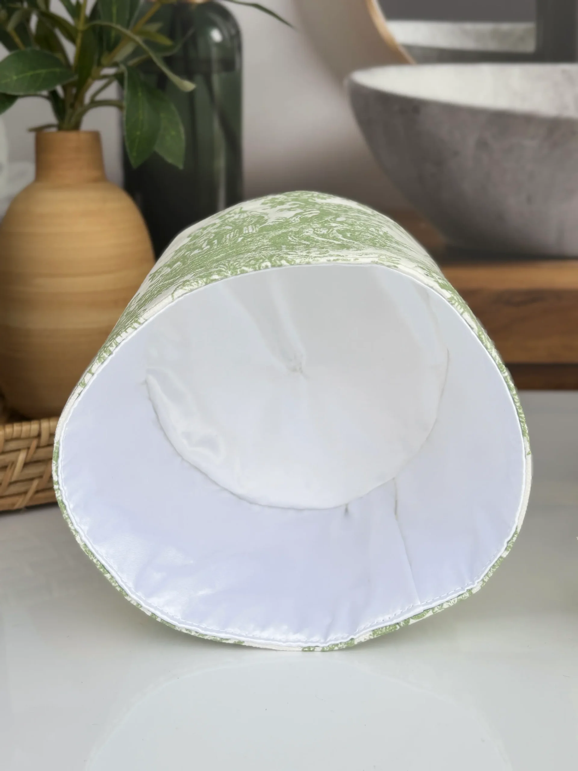 Sage green toile toilet paper cover top close up view handmade French country decor