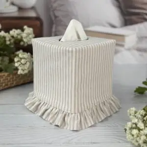 Stripe Ruffle Tissue Box Cover - Handmade Natural Linen Square Tissue Holder with Ruffle Trim Front View by Christy Crafted Covers