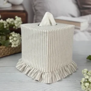 Stripe Ruffle Tissue Box Cover - Handmade Natural Linen Square Tissue Holder with Ruffle Trim Front View by Christy Crafted Covers