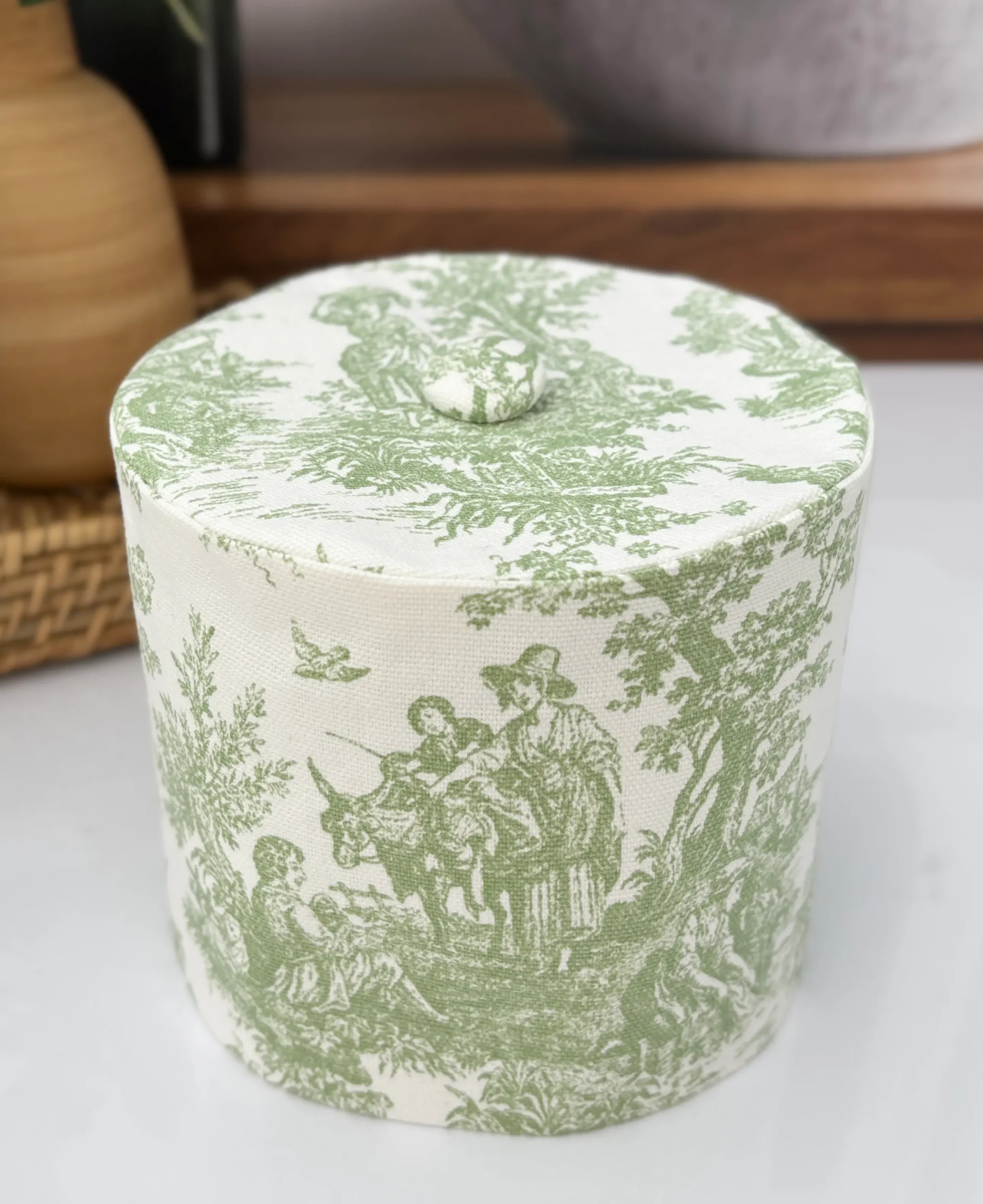 Tan and black toile toilet paper cover handmade French country bathroom decor by Christy Crafted Covers