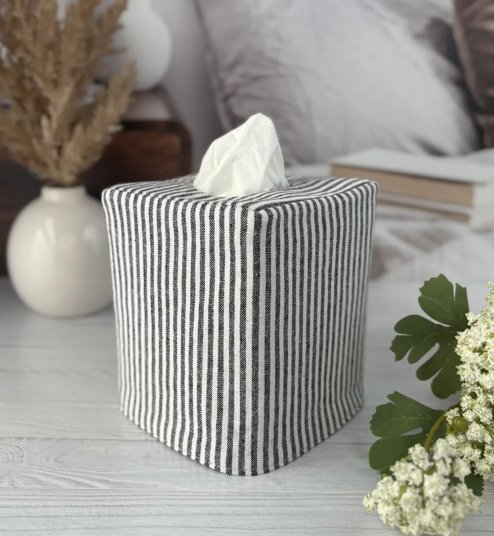 Black stripe linen blend tissue box cover front view handmade fabric Kleenex holder by Christy Crafted Covers