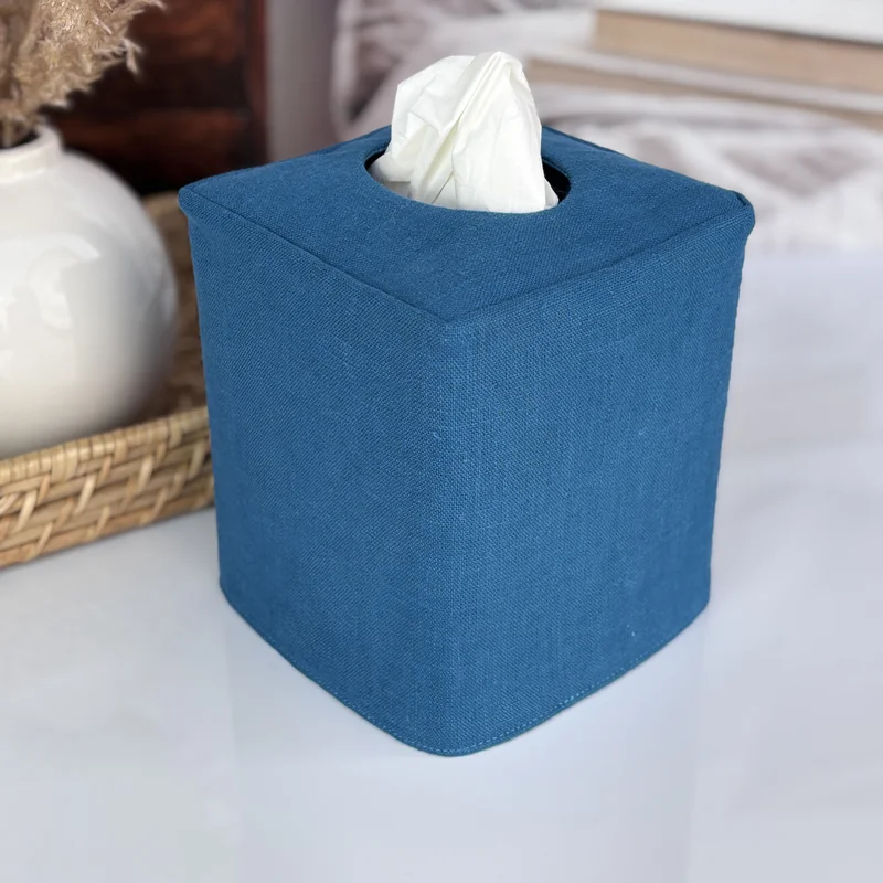 Teal blue linen tissue box cover bohemian bathroom