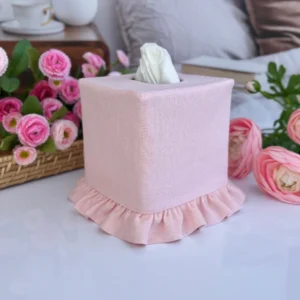 Pink washed linen ruffle tissue box cover