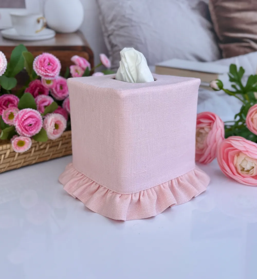 Pink washed linen ruffle tissue box cover