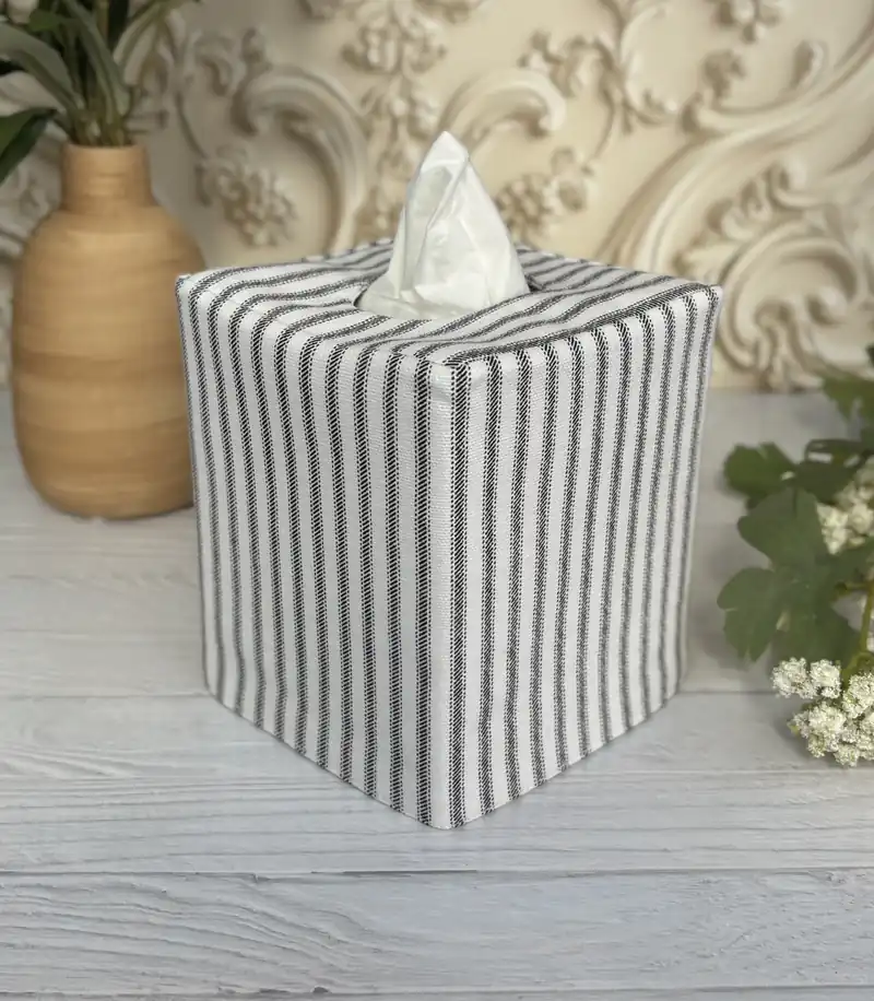 Black stripe ticking tissue box cover front view showing fabric detail and construction