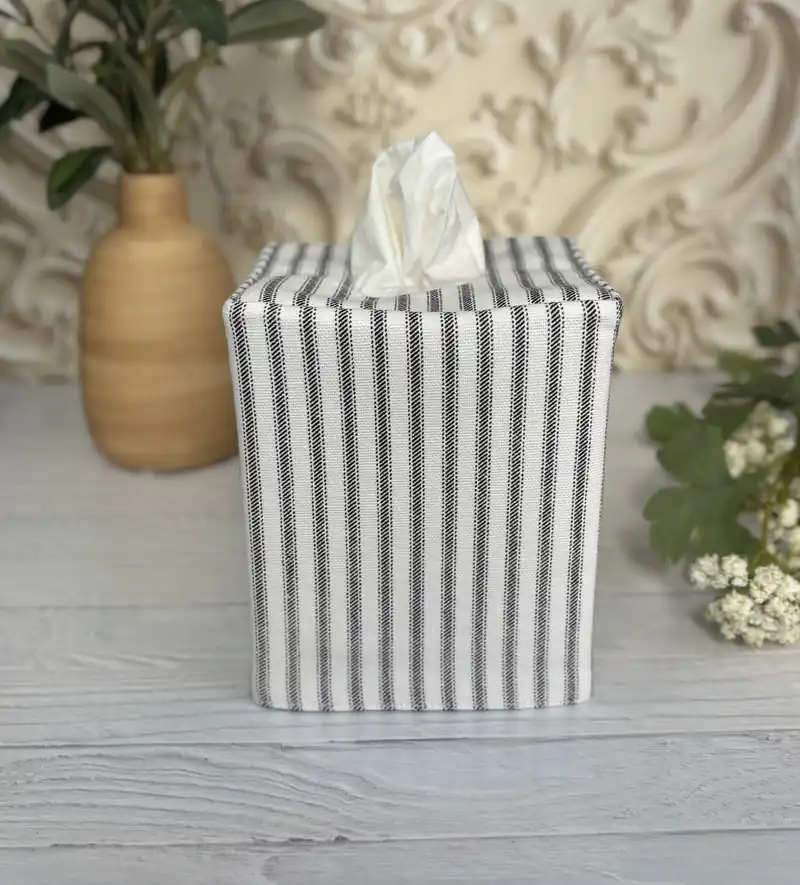 Black stripe ticking tissue box cover side view showing fabric detail and construction