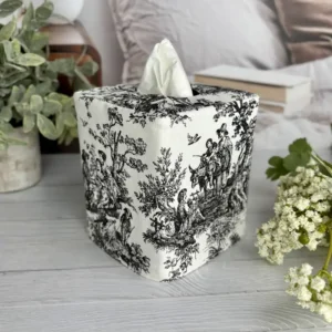 Black toile tissue box cover handmade in USA with French country pastoral scene and greenery