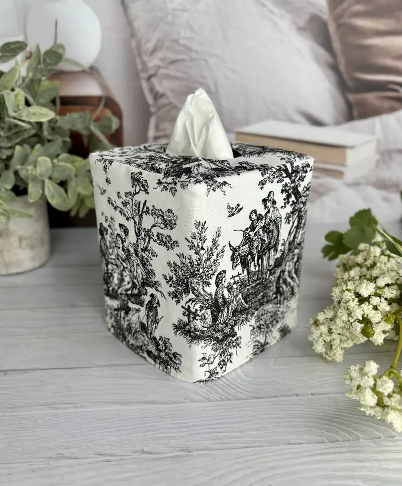 Black toile tissue box cover handmade in USA with French country pastoral scene and greenery