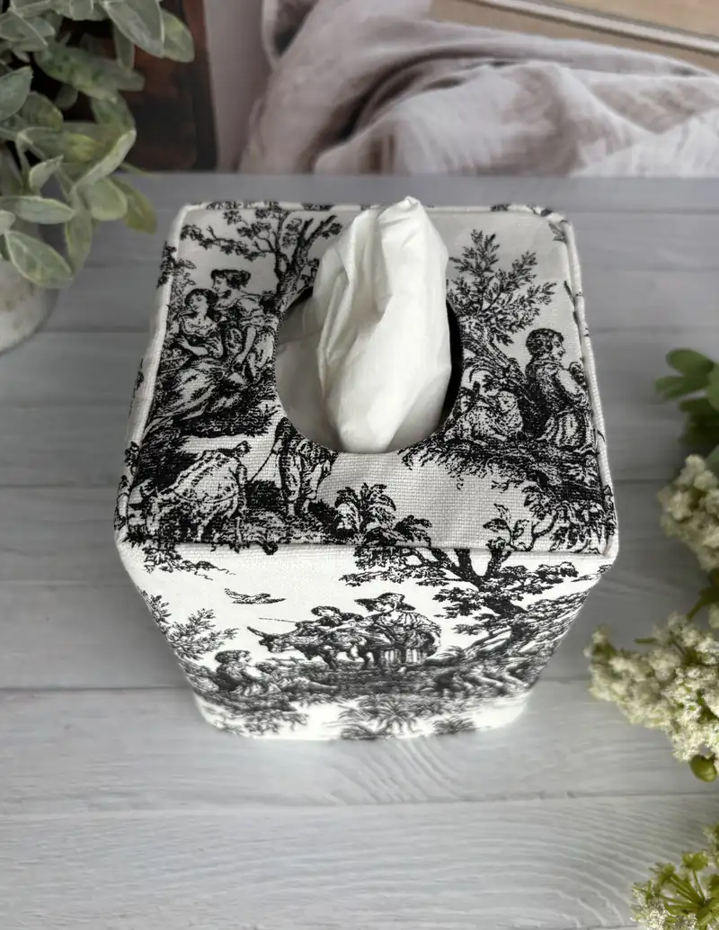 Black toile tissue box cover front view showing top view French pastoral countryside scene handmade