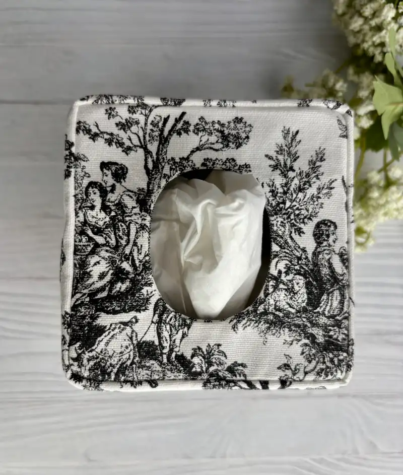 Black toile tissue box cover top closer view showing detailed French pastoral countryside scene handmade