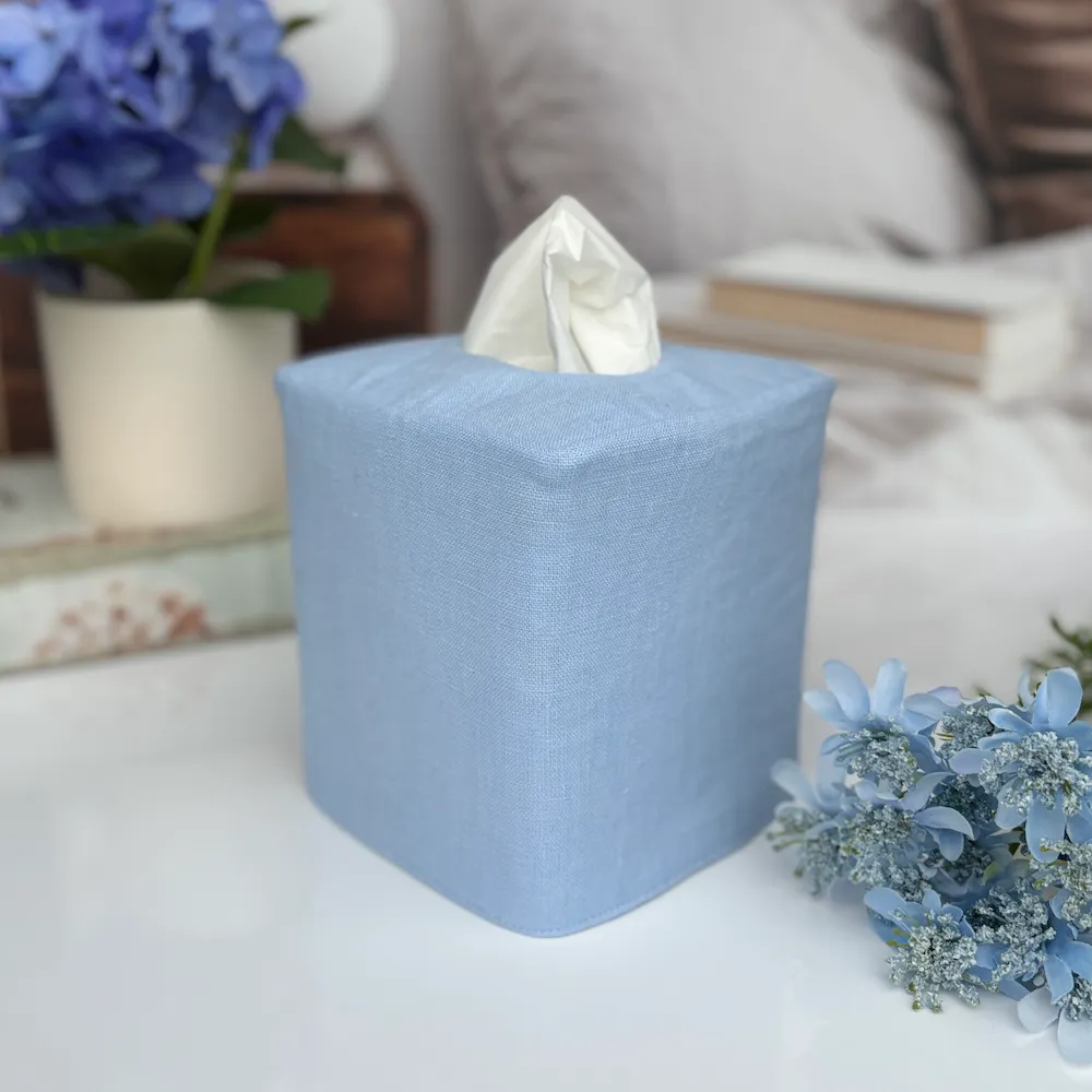 Blue linen tissue box cover angled point view handmade square Kleenex holder by Christy Crafted Covers