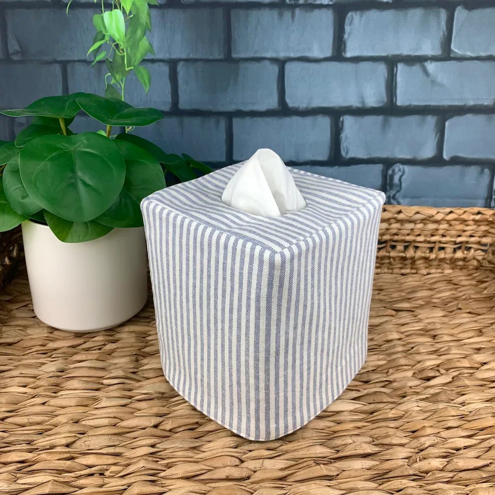 Blue stripe linen blend tissue box cover front view handmade fabric Kleenex holder by Christy Crafted Covers