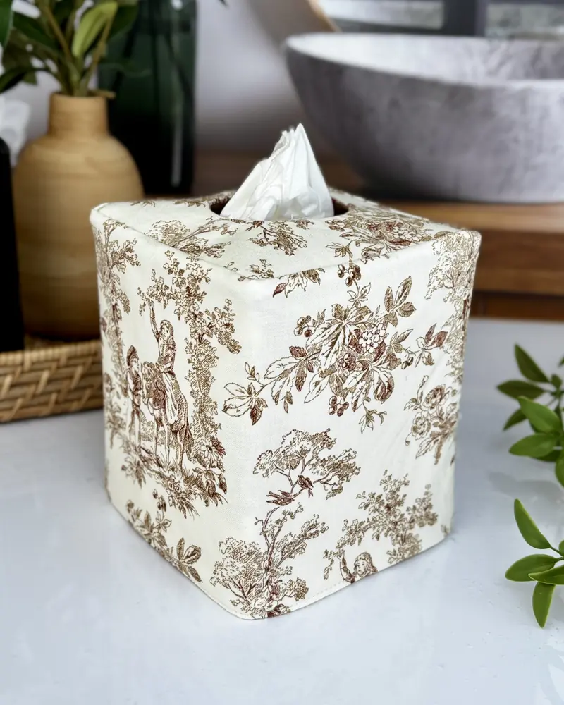 Brown and ivory toile tissue box cover