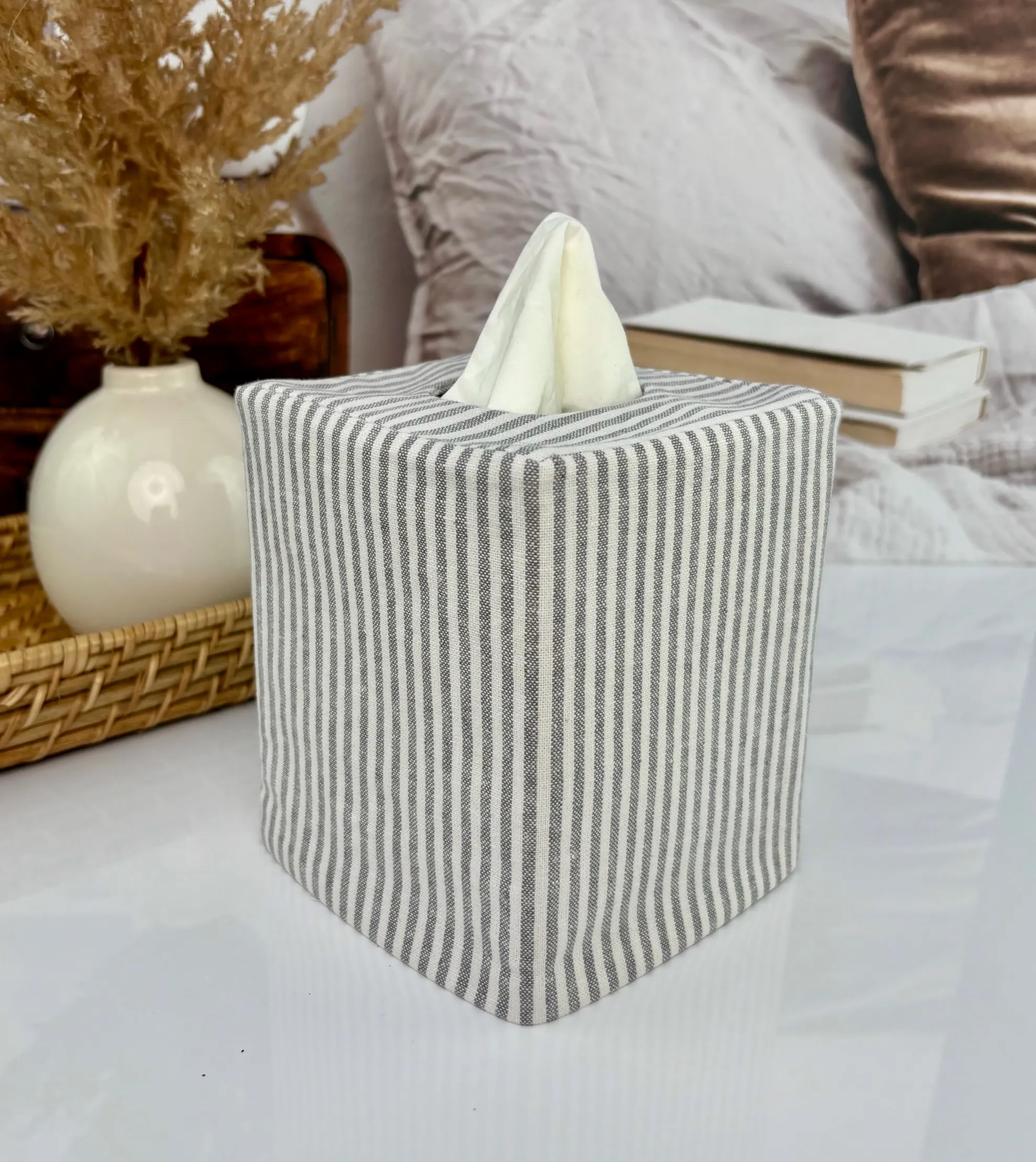 Gray stripe linen blend tissue box cover front view handmade fabric Kleenex holder by Christy Crafted Covers