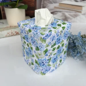 Hydrangeas & blue linen reversible tissue box cover handmade by Christy Crafted Covers