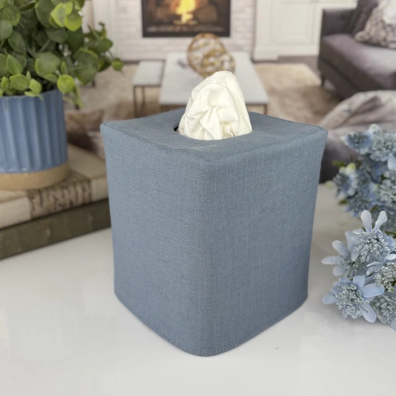Blue lake linen tissue box cover cabin lakehouse decor