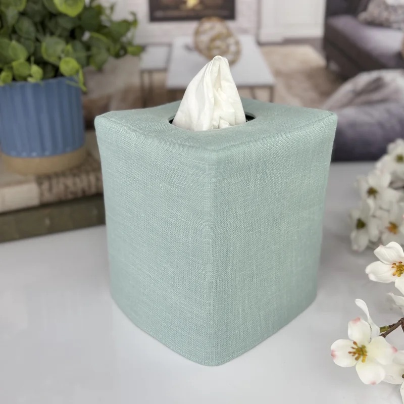 Aqua blue linen reversible tissue box cover beach house