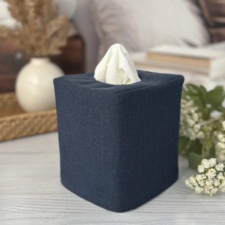 Decorating with blue navy blue linen reversible tissue box cover handmade USA