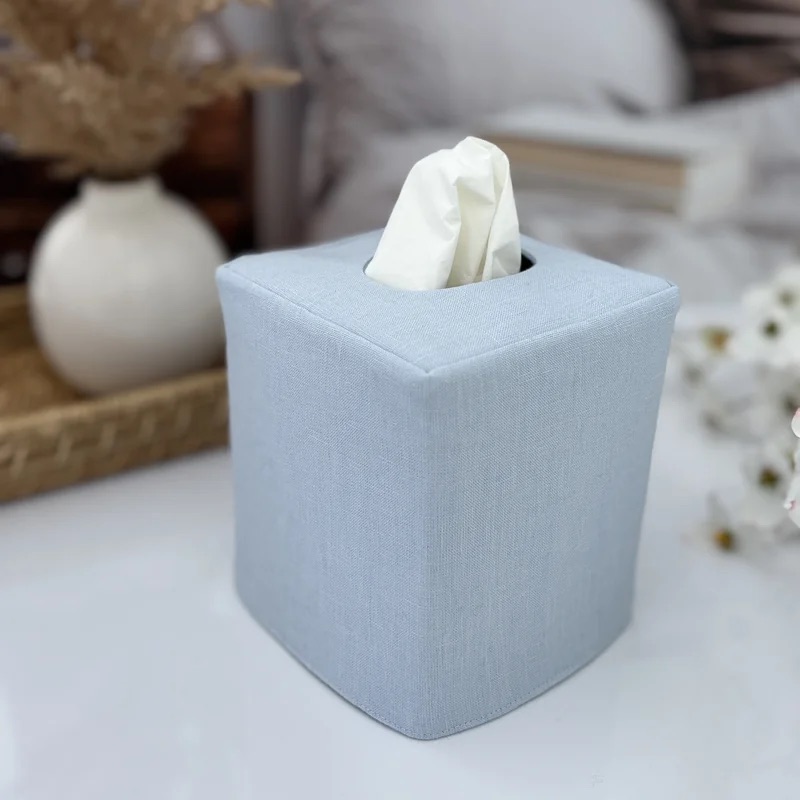 Ice blue linen reversible tissue box cover nursery decor