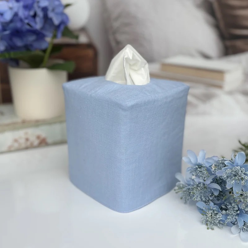 Handmade powder blue linen tissue box cover by Christy Crafted Covers