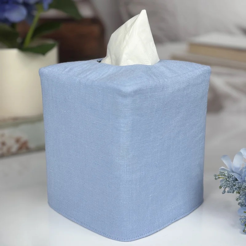 Powder blue linen tissue box cover nursery shabby chic