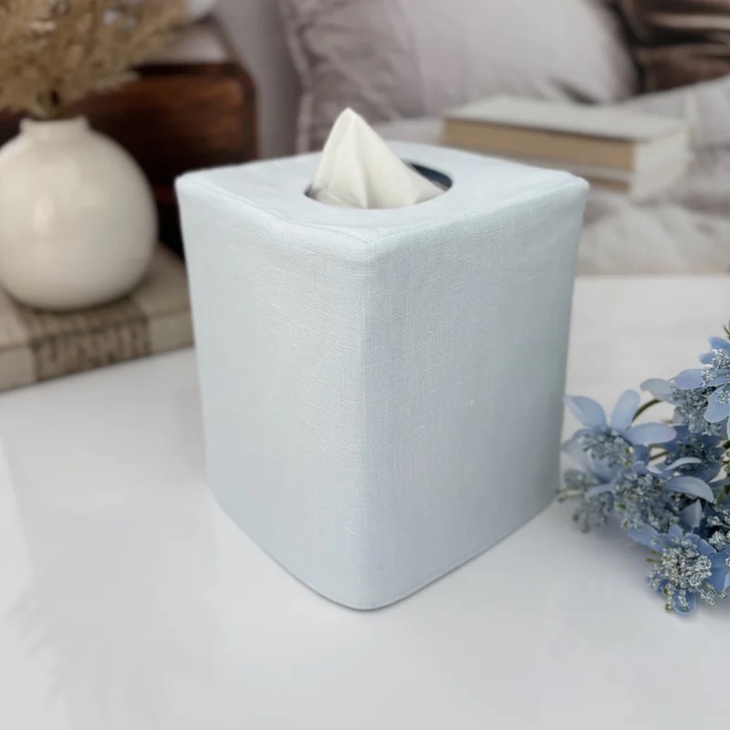 Light blue linen reversible tissue box cover coastal decor