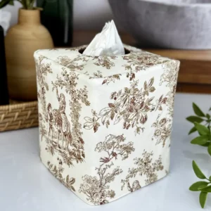 Handmade ivory & brown toile tissue box cover with French pastoral scene for country farmhouse bathroom decor