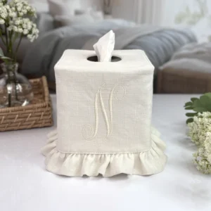 Ivory linen ruffle monogram linen tissue box cover with embroidered script initial