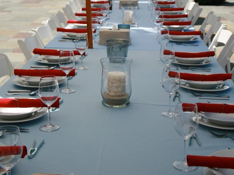Christy Crafted Covers displayed at New England lobster bake event table setting