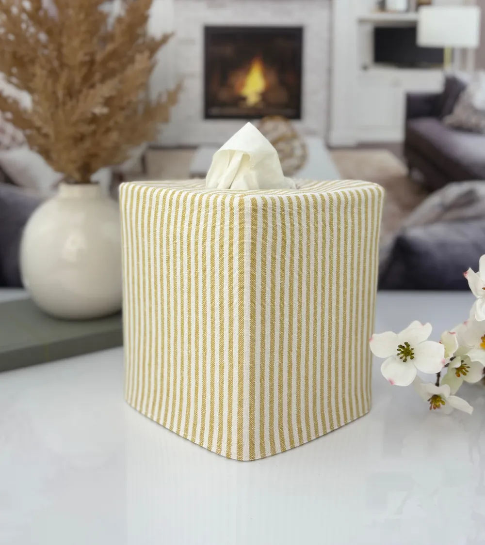 Mustard stripe linen tissue box cover front view handmade fabric Kleenex holder by Christy Crafted Covers