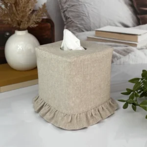 Natural flax ruffle tissue box cover front view handmade linen blend Kleenex holder by Christy Crafted Covers