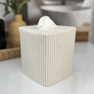 Natural stripe linen blend tissue box cover front view handmade fabric Kleenex holder by Christy Crafted Covers