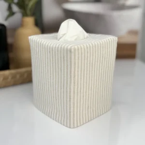 Natural stripe linen blend tissue box cover front view handmade fabric Kleenex holder by Christy Crafted Covers