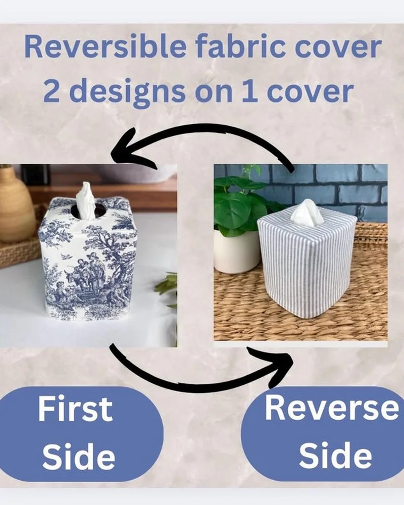navy and white toile tissue box cover showing the 2 in 1 design