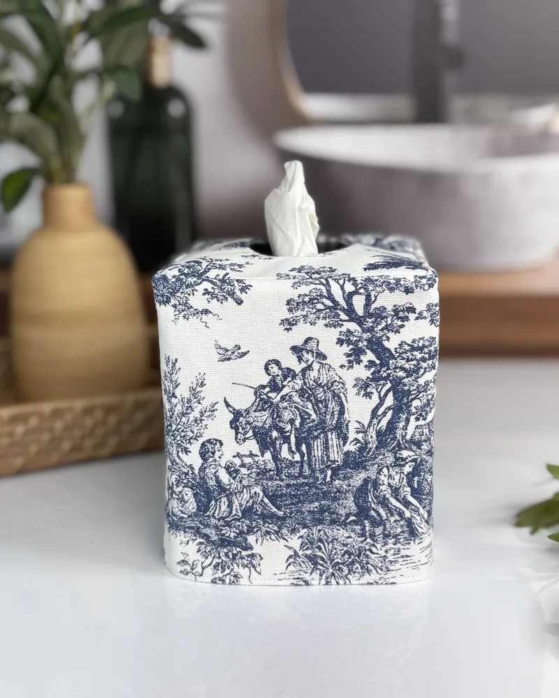 Handmade toile tissue box cover bathroom accessories for farmhouse vanity with woven basket decor