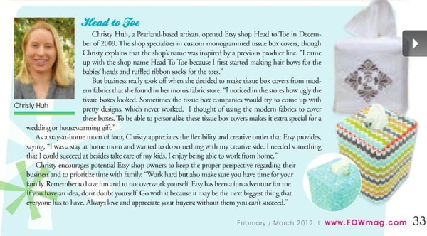 Christy Crafted Covers featured in FOW Magazine February March 2012