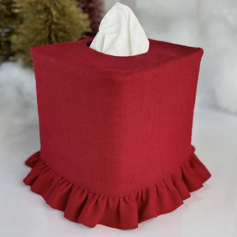 Red linen ruffle tissue box cover