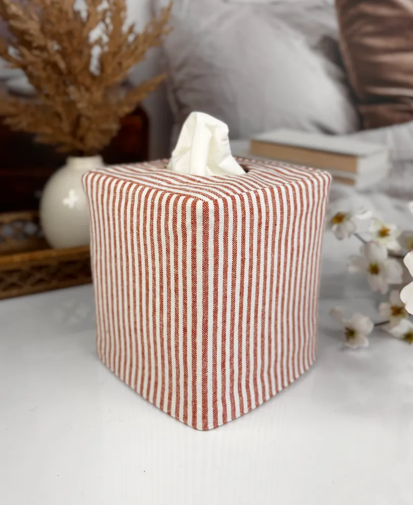 Red stripe tissue box cover front view handmade fabric square Kleenex holder by Christy Crafted Covers