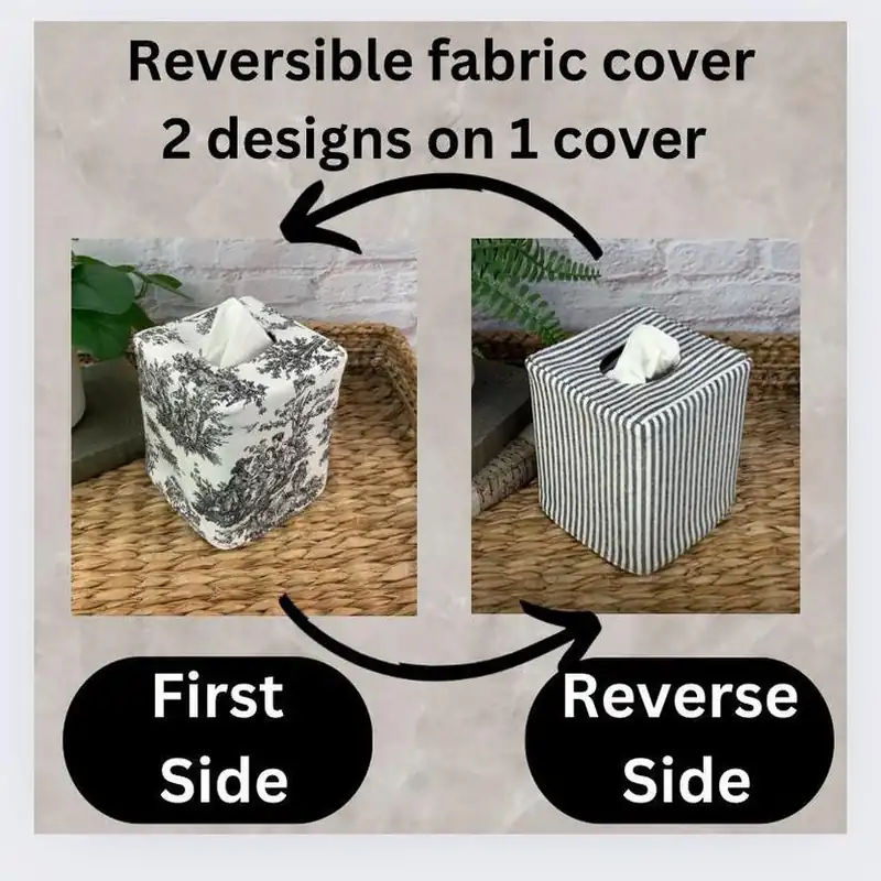 Black stripe ticking tissue box cover showing reversible feature construction