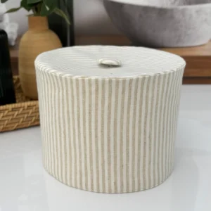 handmade stripe linen blend toilet paper cover front view handmade fabric bathroom decor by Christy Crafted Covers