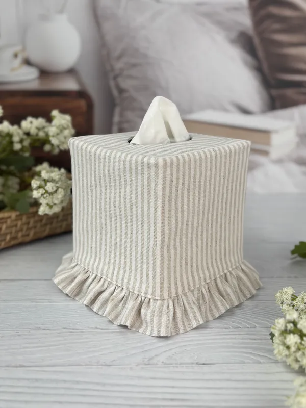 Handmade stripe ruffle tissue box cover in neutral linen fabric with farmhouse style ruffled trim