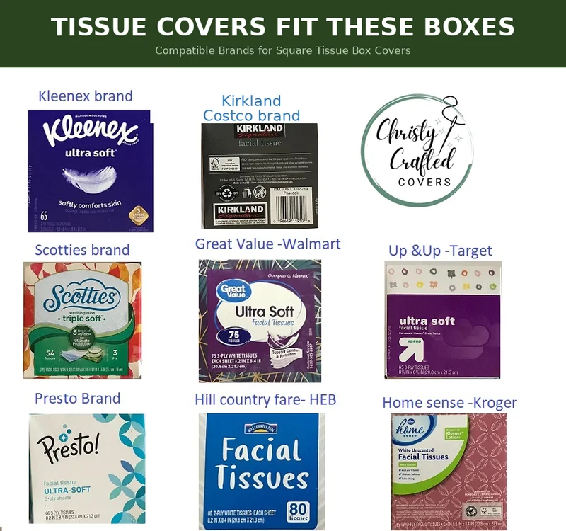Tissue box covers fit Kleenex Kirkland Scotties Walmart Great Value Up and Up Target Presto Hill Country HEB Home Sense Kroger square cube tissue boxes