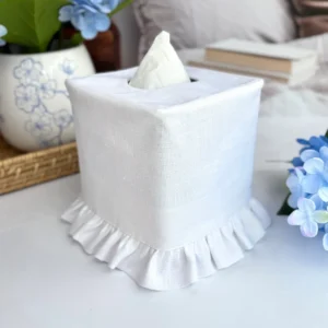 linen ruffle tissue box cover front view handmade square Kleenex holder by Christy Crafted Covers