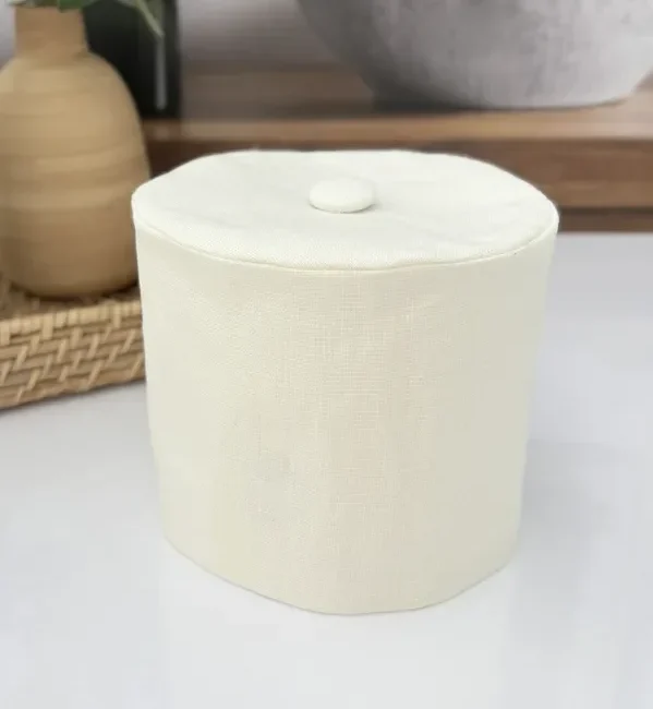 Ivory linen toilet paper cover with button top for elegant bathroom decor