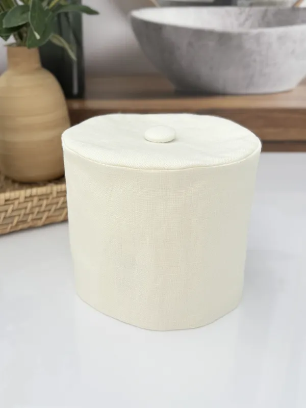 Ivory linen toilet paper cover with button top for elegant bathroom decor