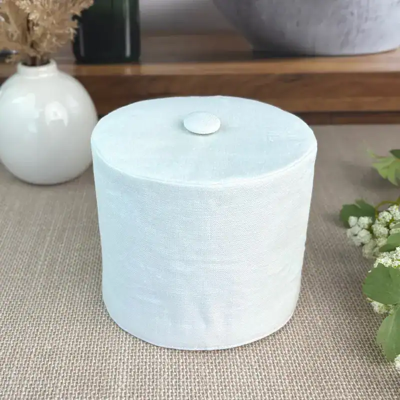 Handmade linen toilet paper cover in white available in 8 colors elegant bathroom decor by Christy Crafted Covers